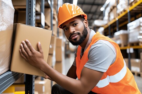 A male warehouse worker wearing a safety helmet and vest carries a cardboard box in a storage facility. Ideal for logistics, delivery services, and supply chain industry content.