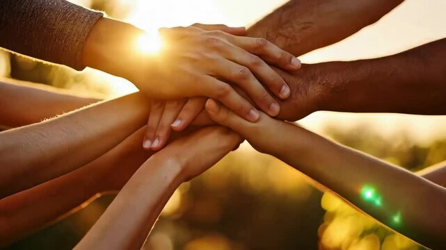 A video frame showing a close-up, low-angle shot of diverse hands stacked together, symbolizing unity and teamwork against a warm, glowing sunset.