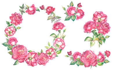 Watercolor illustration of pink rose.Round frame for decorating postcards, invitations. Floral decor. Wreath of roses