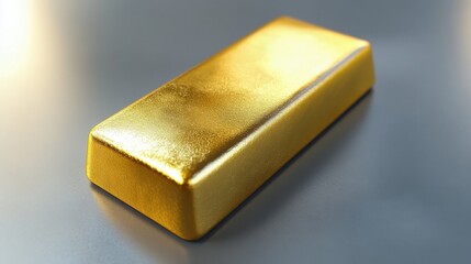 A highly detailed close-up of a gold bar lying on a neutral gray surface with subtle shadows