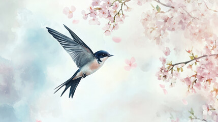 Obraz premium Beautiful Swallow bird in flight in a watercolor style. Blurred spring blooming trees and a light blue sky on a background.