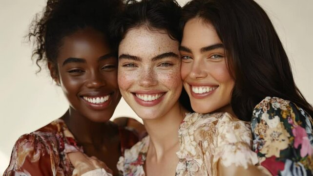 models of different ethnicities, smiling and hugging each other's 