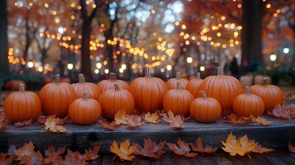 Orange Pumpkins Displayed on a Wood Surface with Autumn Leaves Decor