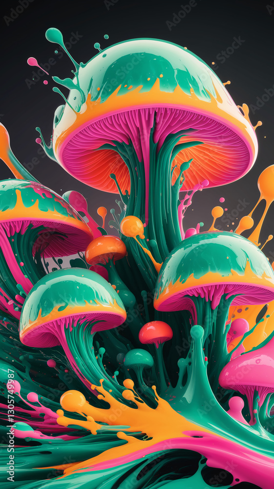 Poster a colorful explosion of fluid paint creating mushroom-like shapes, showcasing dynamic motion, energy
