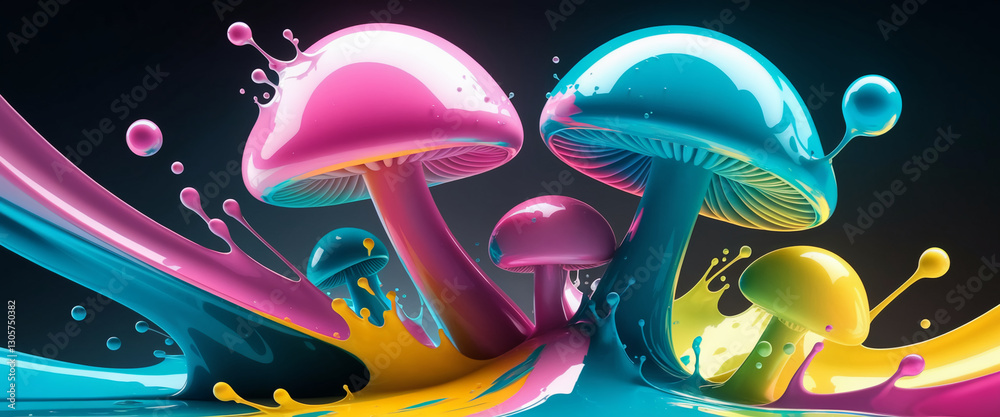 Poster a dynamic surreal scene of brightly colored fluid paint splashing into mushroom-like shapes in neon 