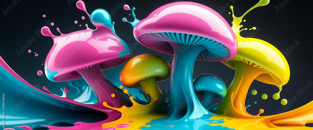 Poster a dynamic surreal scene of brightly colored fluid paint splashing into mushroom-like shapes in neon 