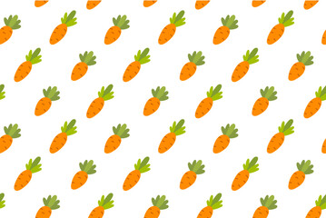 Seamless pattern of fresh orange carrots with green leaves on a white background. Perfect for Easter, farm, and organic food designs.