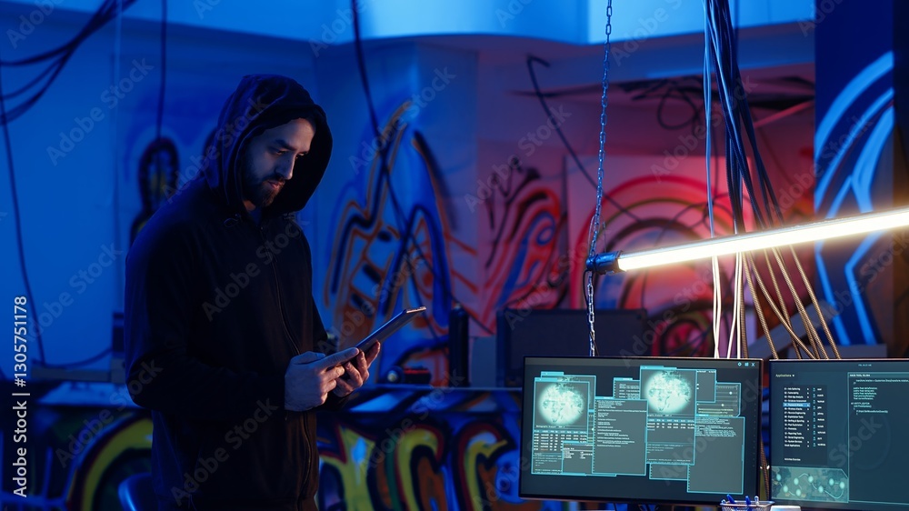 Poster lone wolf hacker in neon lit secret hideout trying to hide his online activity after stealing data f