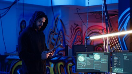 Lone wolf hacker in neon lit secret hideout trying to hide his online activity after stealing data...