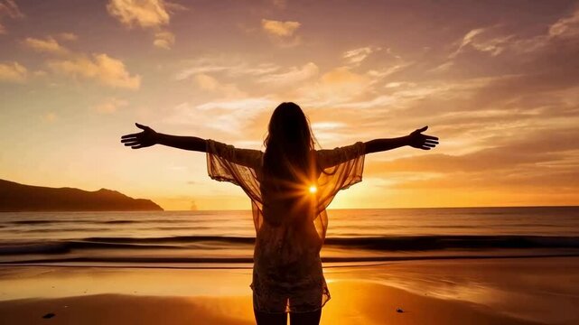Silhouette of a woman with arms outstretched at sunset on a beach. Low-angle shot, capturing a serene, inspirational video concept.