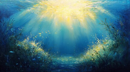 Fototapeta premium Front-facing underwater world, gradient blue hues, golden sunlight scattering softly through waves, calm atmosphere, impressionist oil painting style