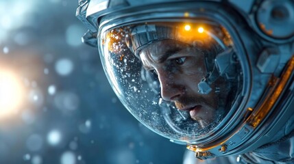 Close-up of an astronaut in space showcasing his focused expression through the helmet. Generative AI
