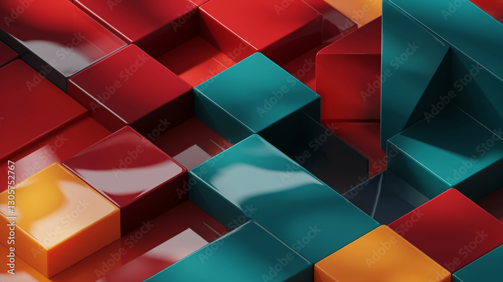 Poster a dynamic arrangement of glossy geometric blocks in red, green, and yellow, creating a vibrant, mode