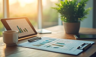 Businessman reviewing financial charts and data on a digital tablet and printed documents, optimizing business strategies during sunset