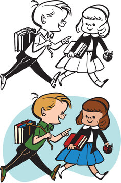 A vintage retro cartoon of two young children walking to school carrying their books. 