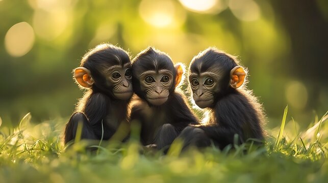 Three Cute Baby Monkeys Huddling Together / 仲良く寄り添う3匹の可愛いサルの赤ちゃん