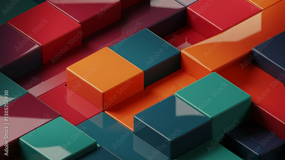 Poster a dynamic composition of glossy geometric blocks in red, green, and orange, arranged in an abstract,