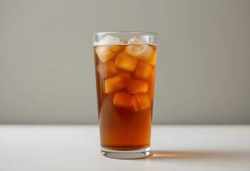 A plain glass of iced tea with ice cubes against a neutral background. No fruit or garnish, focusing on the simplicity and refreshing look of the amber-colored drink.