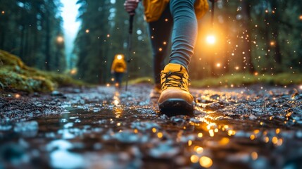 Hiker Walking Through Forest Trail with Hiking Boots and Backpack While Tracking Activity on Smartphone. Generative AI
