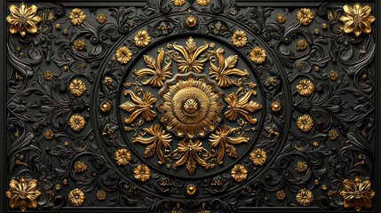 Obraz premium Ornate black and gold decorative panel, intricate design, detailed carving, architectural element, possible use for wallpaper or wall decor