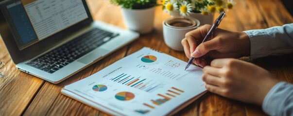 Businesswoman working with financial data using laptop and taking notes on charts and graphs, optimizing business strategy