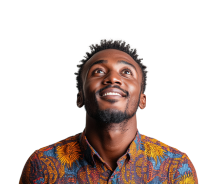 Joyful man gazing upwards portrait positive vibe isolated on transparent background