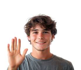 Waving hello young man portrait front view friendly gesture isolated on transparent background