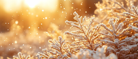 Snowy branches sunrise winter nature