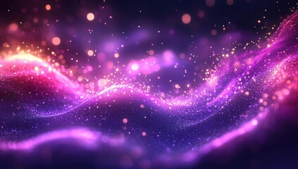 Abstract colorful wave pattern with glowing particles and bokeh effect in shades of purple and pink against a dark background