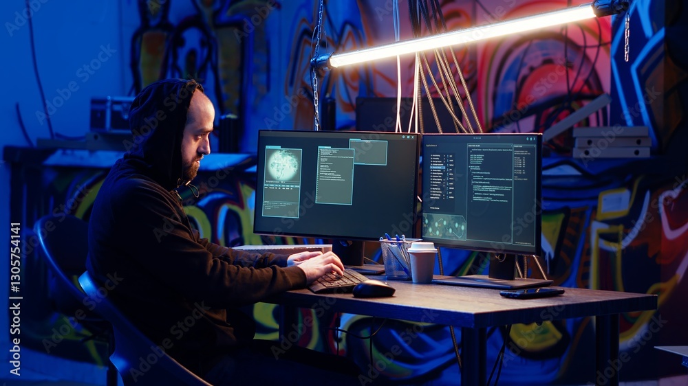 Poster skilled hacker deploying malware on unaware victims computers, stealing sensitive and private inform