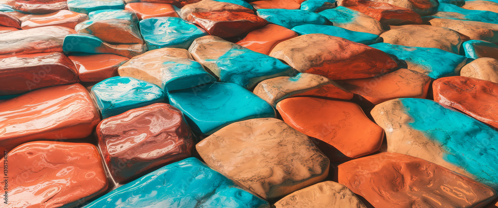 Poster a vivid abstract composition of colorful glossy pebbles in orange, blue, and brown hues, creating a 