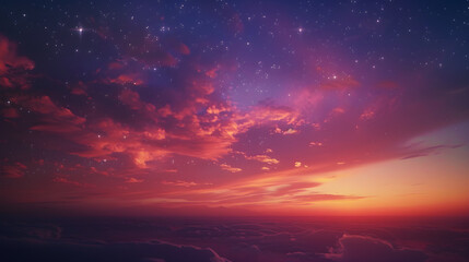Fototapeta premium Twilight Serenity: A Tranquil Evening Sky with Vibrant Sunset Colors and Emerging Stars