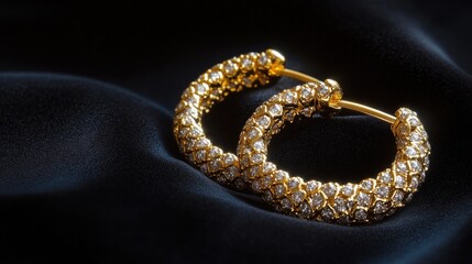 Fototapeta premium Close-up of gold hoop earrings with diamonds, delicately placed on a smooth black velvet backdrop to enhance contrast.