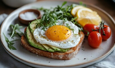 Avocado toast with fried egg, rocket salad, cherry tomatoes and lemon slices served on a plate, making for a healthy and delicious breakfast