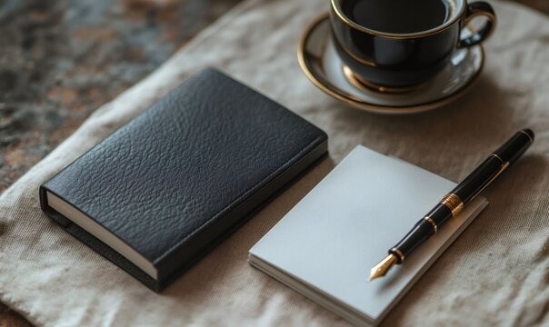 Notebook, pen, and coffee cup arranged on a tablecloth, creating an ideal workspace for writing and inspiration