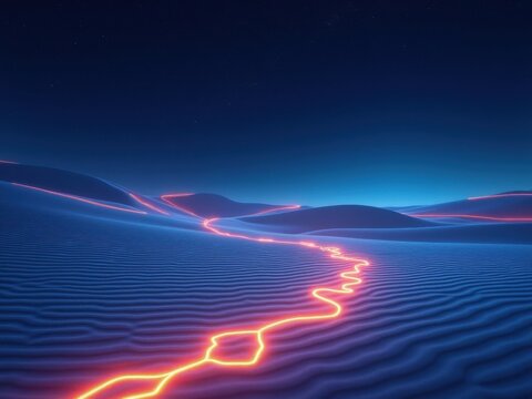 Escena surrealista de un desierto vac&iacute;o con brillantes senderos de luz formando patrones en la arena bajo el cielo nocturno
