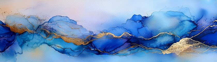 An artistic scene of a hand sweeping through shades of cobalt and gold, with vibrant pigment flowing over a well-used watercolor palette