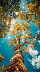 Golden-leaved tree rising against azure sky, highlighting seasonal beauty and natural serenity from low perspective