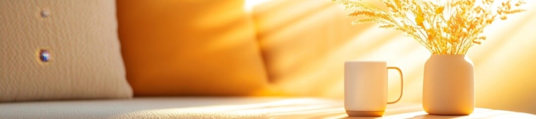 Soft and Serene Yellow Decor with a Cup and Vase in Natural Light. Generative AI