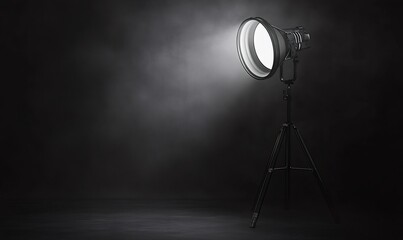 Bright spotlight on tripod illuminating dark studio, perfect for photography, film, or video production