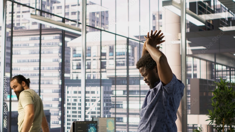 Fototapete tired admin stretches limbs while using pc for artificial intelligence computing simulating human br