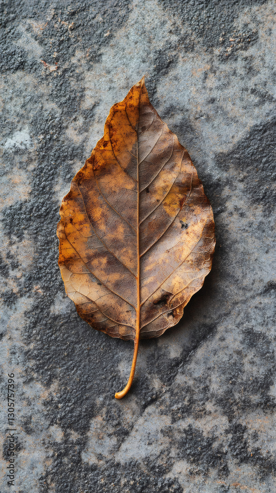 Poster close-up of a fallen brown leaf lying on a gray stone surface, showcasing the textures and colors of