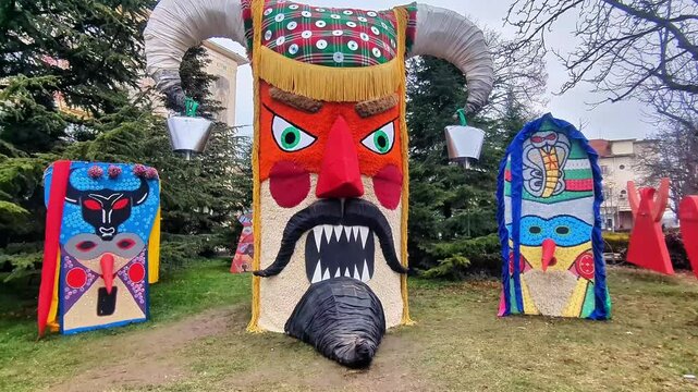 Bright and diverse Kukeri masks, dedicated to the annual Kukeri folklore festival in Bulgaria