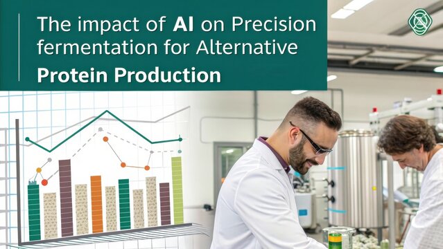 Scientists in a laboratory using AI technology for precision fermentation to develop alternative protein sources, optimizing sustainable food production and innovation.