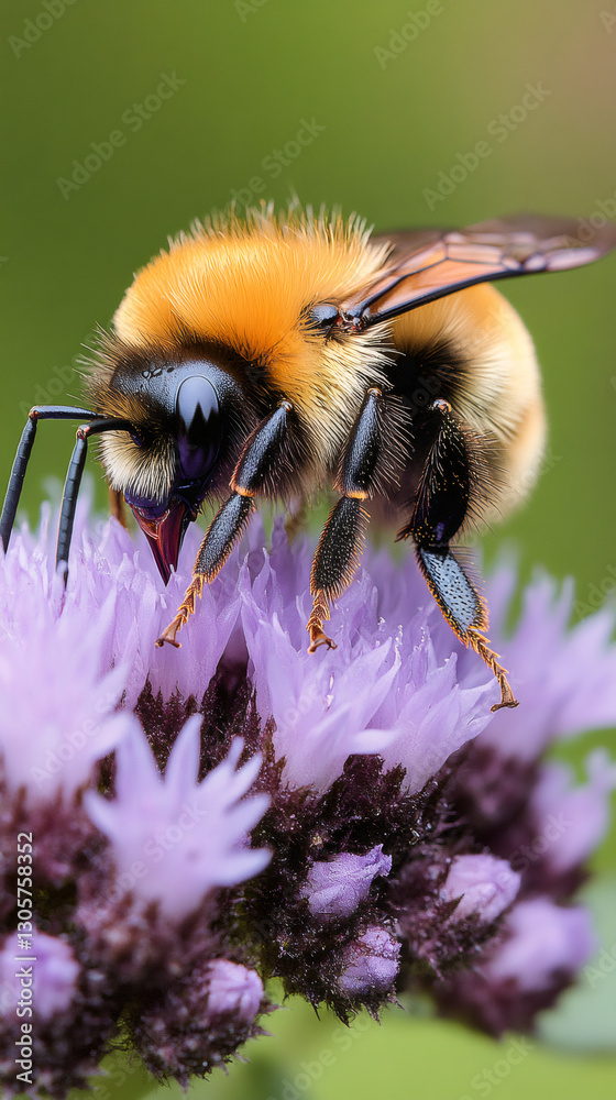 Poster close-up of a bumblebee collecting nectar from a purple flower, showcasing the delicate balance of n