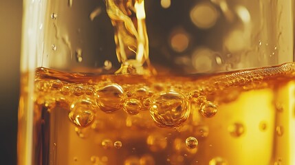 Macro Shot of Golden Liquid with Bubbles / 泡のある黄金色の液体のマクロショット
