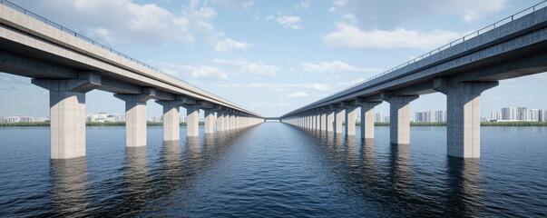 Fototapeta premium modern bridge spans over calm water, showcasing innovative construction techniques and urban architecture