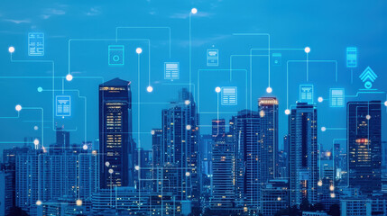 Fototapeta premium Futuristic city skyline with digital connections and data flow visualizations