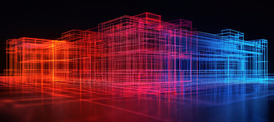 Obraz premium Digital architectural design with vibrant red and blue lines, showcasing futuristic building structure. intricate wireframe highlights modern