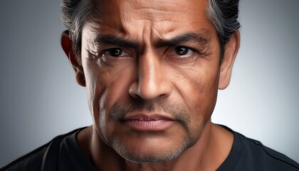 Fototapeta premium Rostro masculino de hombre adulto maduro de piel morena con expresión de preocupación